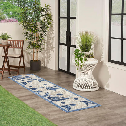 Nourison Home Aloha Outdoor Blue Grey 2'3" x 8' Area Rug, Easy Cleaning, Non Shedding, Bed Room, Living Room, Dining Room, Deck, Backyard, Patio (2x8)