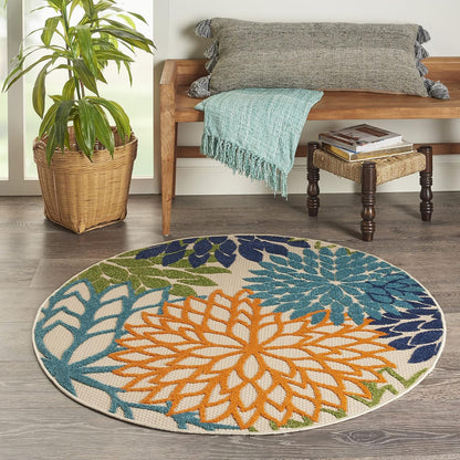 Nourison Home Aloha Indoor/Outdoor Multicolor 4' x Round Area Rug, Tropical, Botanical, Easy Cleaning, Non Shedding, Bed Room, Living Room, Dining Room, Deck, Backyard, Patio (4 Round)