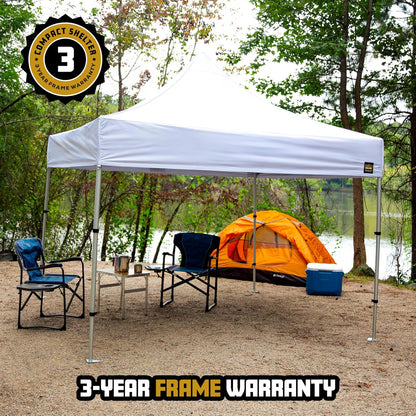 8x8 Heavy Duty Pop Up Canopy by Compact Shelter - EZ Setup, Commercial Grade Aluminum Frame, 42” Folded Frame Height, UPF 50+, Adjustable Portable Tent for Beach, Events, Camping, Roller Bag (White)