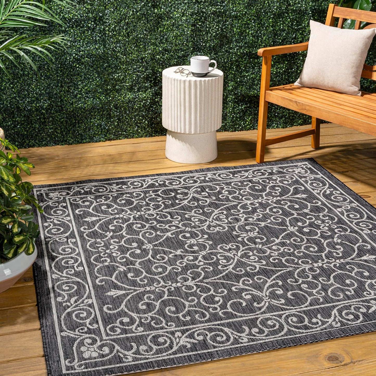 JONATHAN Y SMB106G-5SQ Charleston Vintage Filigree Textured Weave Black/Gray 5' Square Indoor/Outdoor Area Rug, Pet Friendly, Non-Shedding, Stain Resistant, Easy-Cleaning for Backyard, Patio, Porch