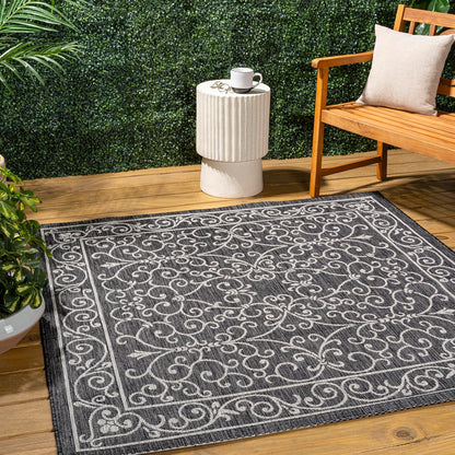 JONATHAN Y SMB106G-9SQ Charleston Vintage Filigree Textured Weave Black/Gray 9' Square Indoor/Outdoor Area Rug, Pet Friendly, Non-Shedding, Stain Resistant, Easy-Cleaning for Backyard, Patio, Porch