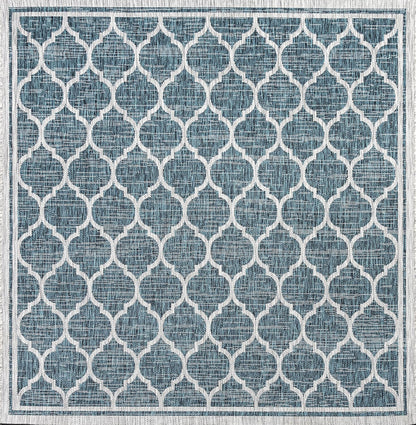 Eyely BMS109E-5SQ Santa Monica Trebol Moroccan Trellis Textured Weave Indoor/Outdoor Area Rug Coastal;Bohemian, Bedroom, Backyard, Patio, Easy-Cleaning, Non-Shedding, 5' Square, Teal/Gray