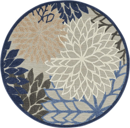 Nourison Aloha Indoor/Outdoor Blue/Multicolor 4' x Round Area Rug, Tropical, Botanical, Easy Cleaning, Non Shedding, Bed Room, Living Room, Dining Room, Deck, Backyard, Patio (4 Round)