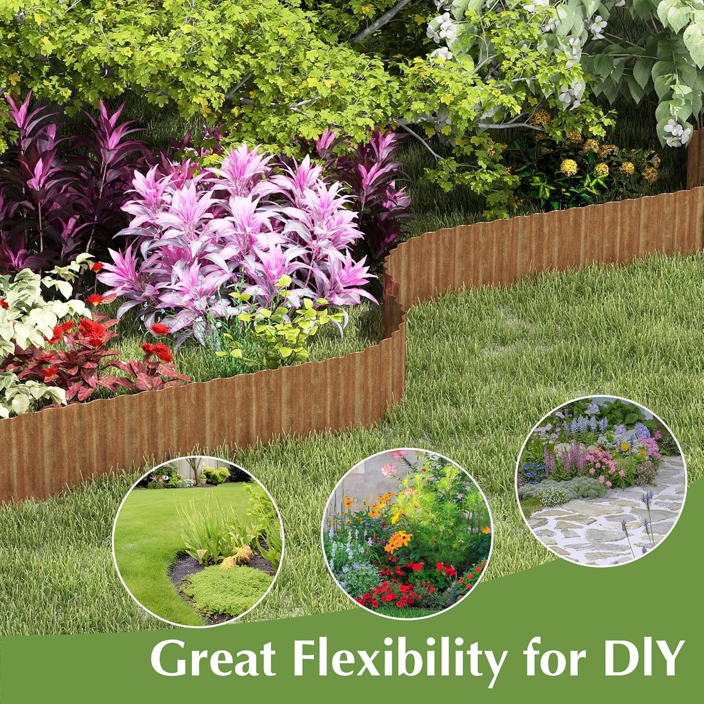 Metal Garden Edging Border, Corrugated Steel Landscaping, DIY for Lawn (Rusty, 8 Inch x 10FT)