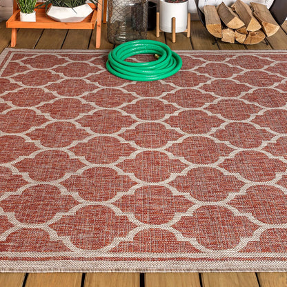 Eyely BMS109C-3 Santa Monica Trebol Moroccan Trellis Textured Weave Indoor/Outdoor Area Rug Coastal;Bohemian, Bedroom, Backyard, Patio, Easy-Cleaning, Non-Shedding, 3 X 5, Red/Beige