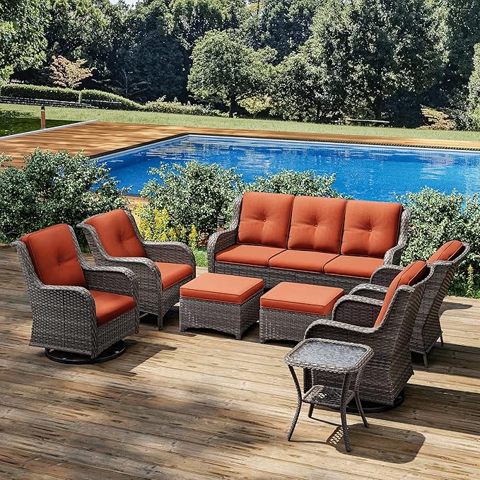 Joyside Wicker Patio Furniture Sets 8 Piece Set with 3-Seat Sofa, 2 Swivel Rocking Armchairs, 2 Armchairs, 2 Ottoman and 1 Side Table Wicker Outdoor Conversation Set(Brown Mixed Gray/Orange)