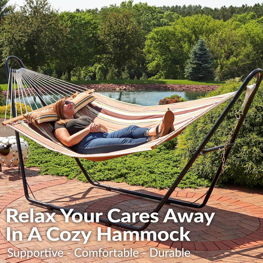 Sunnydaze Quilted Outdoor Hammock with Spreader Bars - Heavy-Duty 450-Pound Capacity Double Hammock for Outside - Sandy Beach