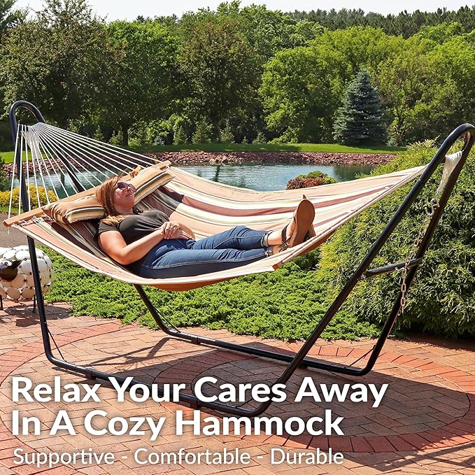 Sunnydaze Double Quilted Fabric Hammock with Universal Steel Stand - 450-Pound Capacity - Black Stand - Sandy Beach