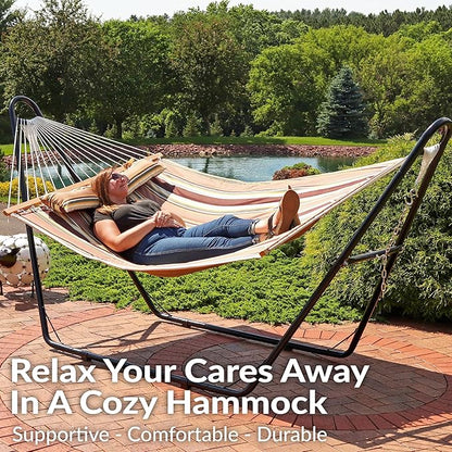 Sunnydaze Double Quilted Fabric Hammock with Universal Steel Stand - 450-Pound Capacity - Black Stand - Sandy Beach
