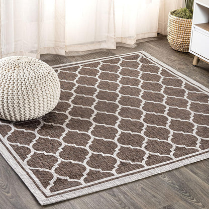 Eyely BMS109B-3SQ Santa Monica Trebol Moroccan Trellis Textured Weave, Pet Friendly, Non-Shedding, Stain Resistant, Easy-Cleaning, Espresso/Taupe, 3' Square, Indoor/Outdoor, Area Rug