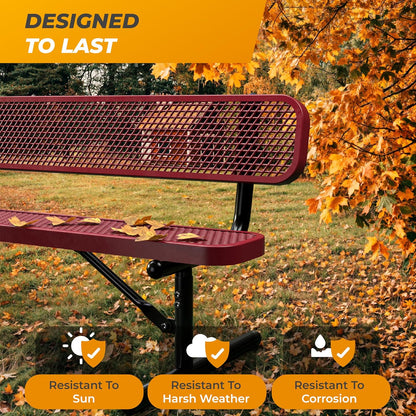 Heavy-Duty Outdoor Metal Bench, Thermoplastic-Coated, Portable, Weatherproof, Commercial-Grade for Parks, Gardens, Patios, Stores & More (6 Ft - Portable with Back, Red)