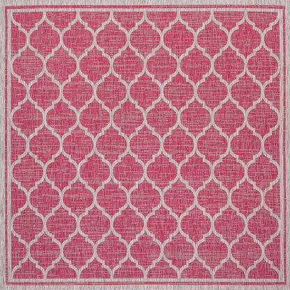 Eyely BMS109H-5SQ Santa Monica Trebol Moroccan Trellis Textured Weave Indoor/Outdoor Area Rug Coastal;Bohemian, Bedroom, Backyard, Patio, Easy-Cleaning, Non-Shedding, 5' Square, Fuchsia/Light Gray