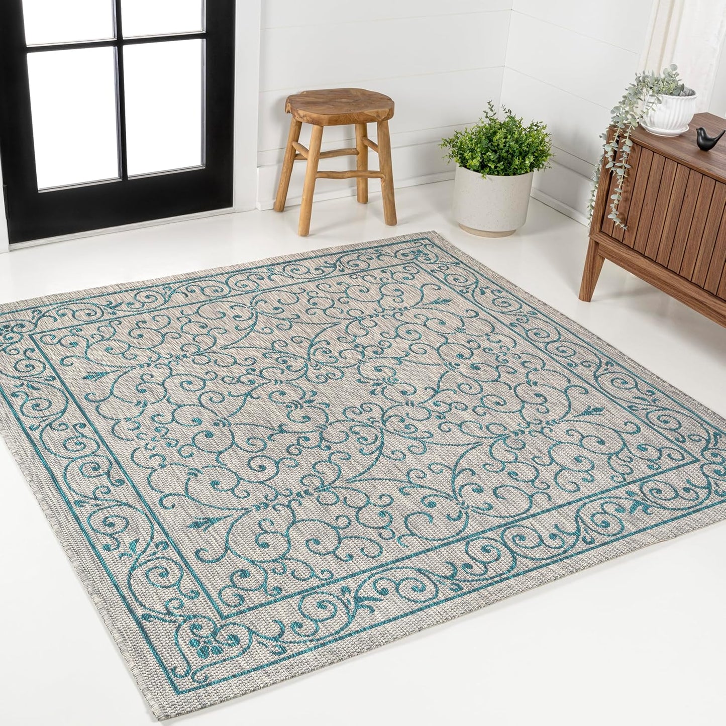 JONATHAN Y SMB106E-8SQ Charleston Vintage Filigree Textured Weave Gray/Teal 8' Square Indoor/Outdoor Area Rug, Pet Friendly, Non-Shedding, Stain Resistant, Easy-Cleaning for Backyard, Patio, Porch