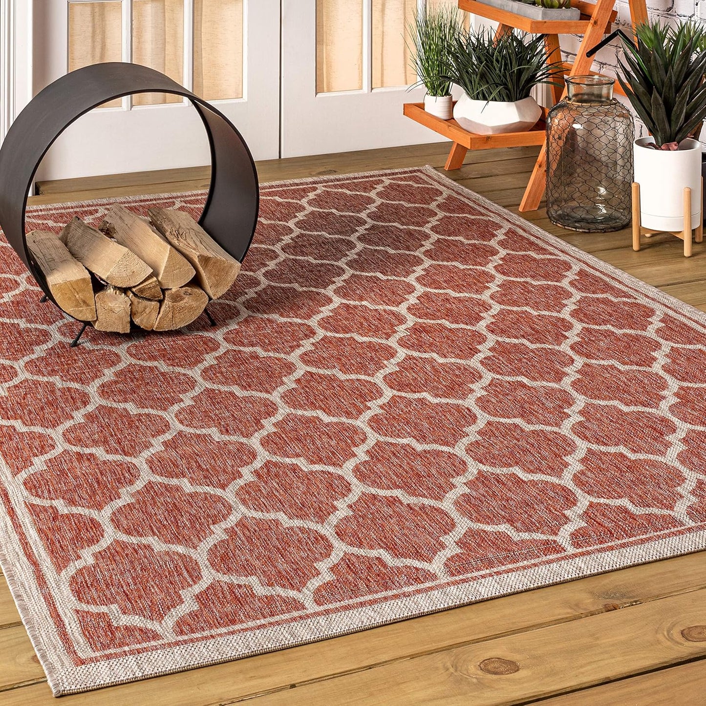 Eyely BMS109C-9 Santa Monica Trebol Moroccan Trellis Textured Weave Indoor/Outdoor Area Rug Coastal;Bohemian, Bedroom, Backyard, Patio, Easy-Cleaning, Non-Shedding, 9 X 12, Red/Beige
