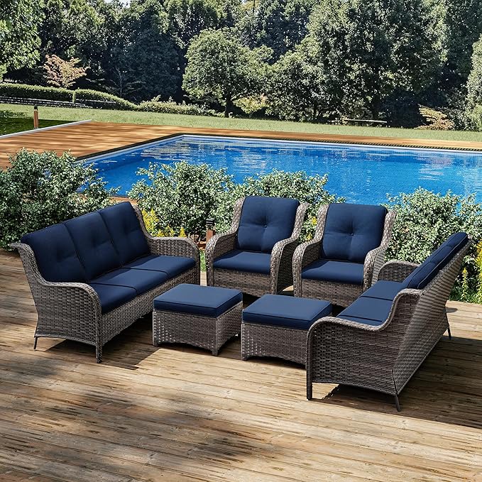 Joyside Patio Furniture Set 6 Pieces - Outdoor Rattan Furniture Set with 2 Armchairs, 2 Couch and 2 Ottomans, Olefin Cushions Included(Mixed Grey/Blue)