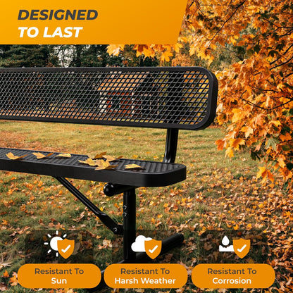 Heavy-Duty Outdoor Metal Bench, Thermoplastic-Coated, Portable, Weatherproof, Commercial-Grade for Parks, Gardens, Patios, Stores & More (6 Ft - Portable with Back, Black)