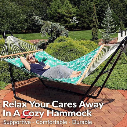 Sunnydaze Quilted Outdoor Hammock with Spreader Bars - Heavy-Duty 450-Pound Capacity Double Hammock for Outside - Green Palm Leaves
