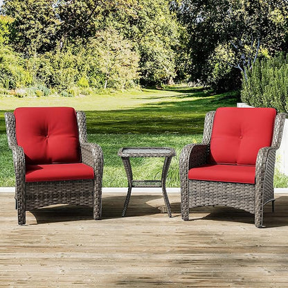 Joyside Patio Bistro Set Wicker Chairs - 3 Piece Outdoor Rattan Conversation Set with 2 Armrest Chair and 1 Side Table for Proch Deck Garden Backyard Balcony(Mixed Grey/Red)