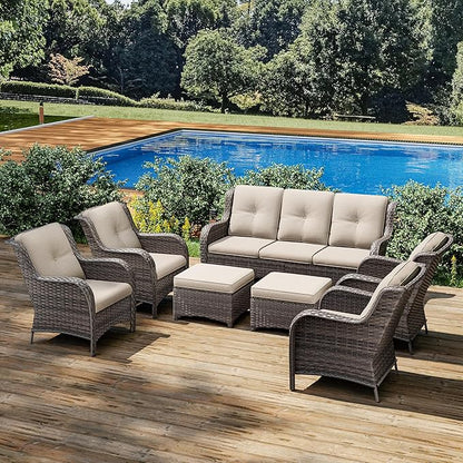 Joyside Wicker Patio Furniture Sets 7 Piece Set with One 3-Seat Sofa, Four Armchairs, Two Ottomans, Wicker Outdoor Furniture Sectional Conversation Set(Mixed Grey/Beige)