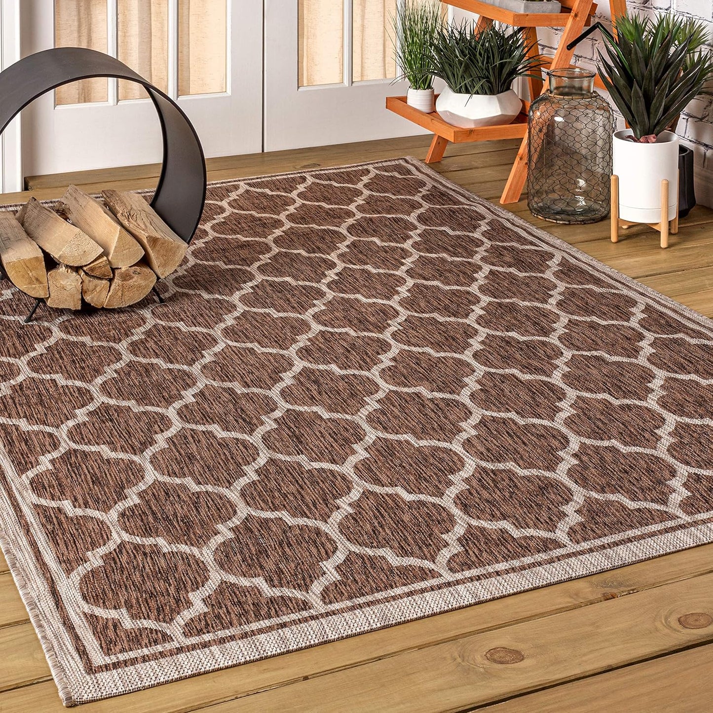 Eyely BMS109B-4 Santa Monica Trebol Moroccan Trellis Textured Weave Indoor/Outdoor Area Rug Coastal;Bohemian, Bedroom, Backyard, Patio, Easy-Cleaning, Non-Shedding, 4 X 6, Espresso/Taupe