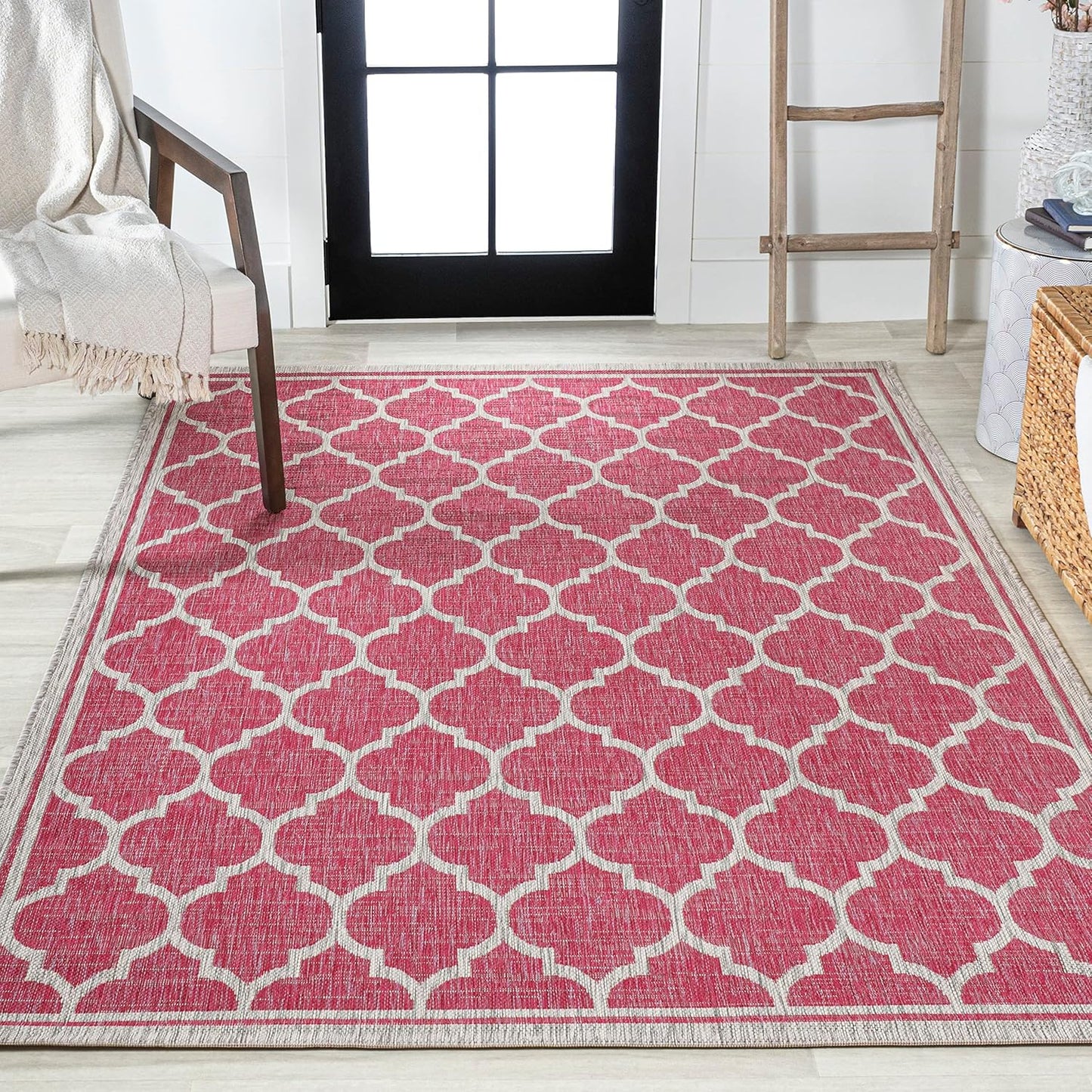Eyely BMS109H-8 Santa Monica Trebol Moroccan Trellis Textured Weave Indoor/Outdoor Area Rug Coastal;Bohemian, Bedroom, Backyard, Patio, Easy-Cleaning, Non-Shedding, 8 X 10, Fuchsia/Light Gray