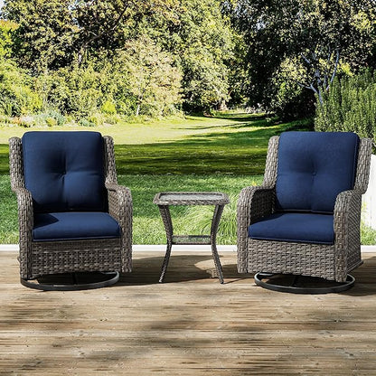 Joyside Outdoor Swivel Rocker Patio Chairs Set of 2 and Matching Side Table - 3 Piece Wicker Patio Bistro Set with Premium & Soft Fabric Cushions(Mixed Grey/Blue)