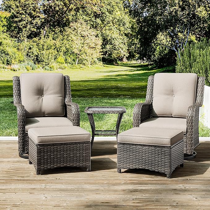 Joyside 5 Piece Outdoor Patio Furniture Set Wicker Conversation Bistro Set Swivel Rocking Chairs with Side Table and Ottomans for Backyard, Porch, Deck(Mixed Grey/Beige)