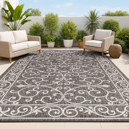 JONATHAN Y SMB106G-9 Charleston Vintage Filigree Textured Weave Indoor Outdoor Area Rug Classic Coastal Easy-Cleaning Bedroom Kitchen Backyard Patio Non Shedding, 9 X 12, Black/Gray