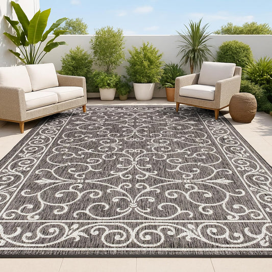 JONATHAN Y SMB106G-9 Charleston Vintage Filigree Textured Weave Indoor Outdoor Area Rug Classic Coastal Easy-Cleaning Bedroom Kitchen Backyard Patio Non Shedding, 9 X 12, Black/Gray