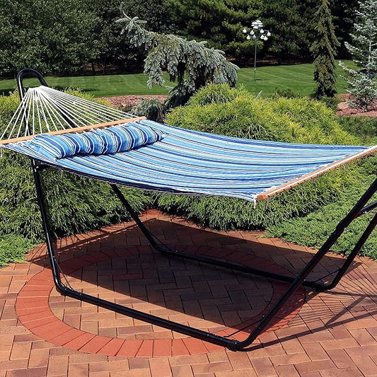 Sunnydaze Quilted Outdoor Hammock with Spreader Bars - Heavy-Duty 450-Pound Capacity Double Hammock for Outside - Breakwater Stripe