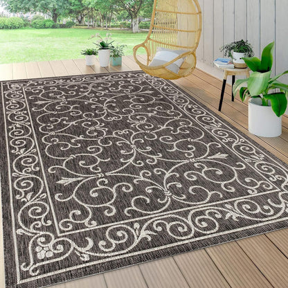 JONATHAN Y SMB106G-14 Charleston Vintage Filigree Textured Weave Black/Gray 10 ft. x 14 ft. Indoor/Outdoor Area Rug, Pet Friendly, Non-Shedding, Stain Resistant, Easy-Cleaning for Backyard, Patio