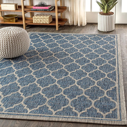 Eyely BMS109D-4 Santa Monica Trebol Moroccan Trellis Textured Weave Indoor/Outdoor Area Rug Coastal;Bohemian, Bedroom, Backyard, Patio, Easy-Cleaning, Non-Shedding, 4 X 6, Navy/Gray