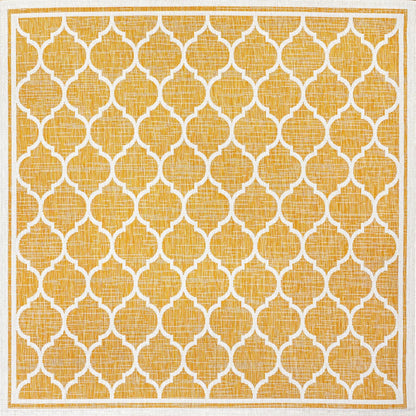 Eyely BMS109F-5SQ Santa Monica Trebol Moroccan Trellis Textured Weave Indoor/Outdoor Area Rug Coastal;Bohemian, Bedroom, Backyard, Patio, Easy-Cleaning, Non-Shedding, 5' Square, Yellow/Cream