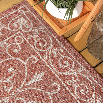 JONATHAN Y SMB106B-5SQ Charleston Vintage Filigree Textured Weave Indoor Outdoor Area Rug Classic Coastal Easy Cleaning Bedroom Kitchen Backyard Patio Non Shedding, 5' Square, Red/Beige