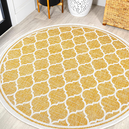 Eyely BMS109F-5R Santa Monica Trebol Moroccan Trellis Textured Weave Indoor/Outdoor Area Rug Coastal;Bohemian, Bedroom, Backyard, Patio, Easy-Cleaning, Non-Shedding, 5' Round, Yellow/Cream