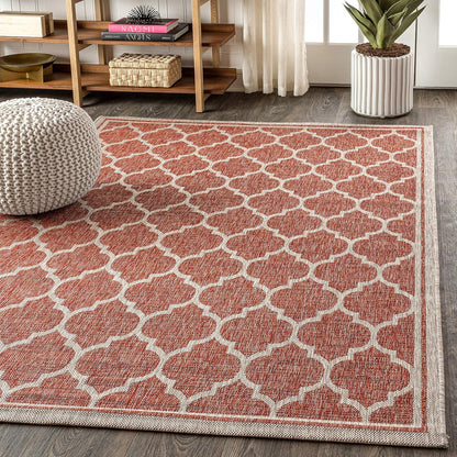 Eyely BMS109C-3 Santa Monica Trebol Moroccan Trellis Textured Weave Indoor/Outdoor Area Rug Coastal;Bohemian, Bedroom, Backyard, Patio, Easy-Cleaning, Non-Shedding, 3 X 5, Red/Beige