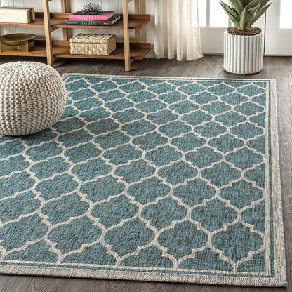 Eyely BMS109E-5 Santa Monica Trebol Moroccan Trellis Textured Weave Indoor/Outdoor Area Rug Coastal;Bohemian, Bedroom, Backyard, Patio, Easy-Cleaning, Non-Shedding, 5 X 8, Teal/Gray